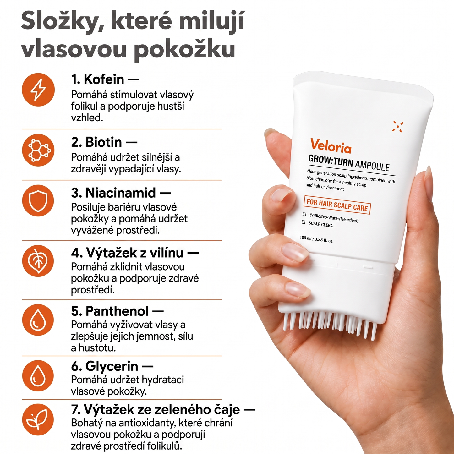 Veloria — složky pro vlasovou pokožku